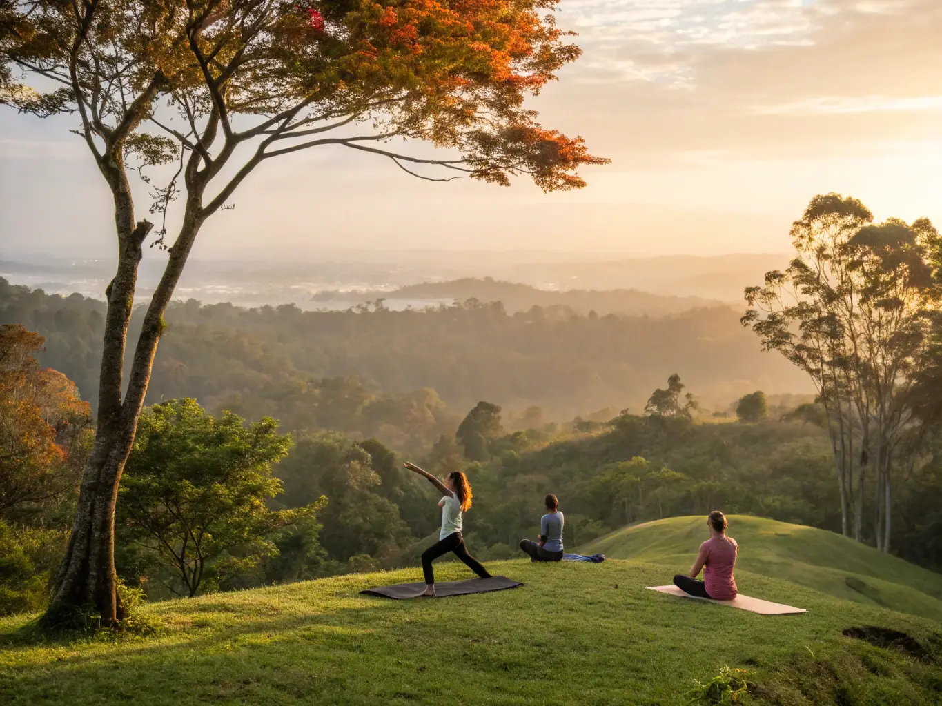 An inspiring image of a person meditating outdoors with a sunrise in the background, symbolizing mindset growth and resilience.