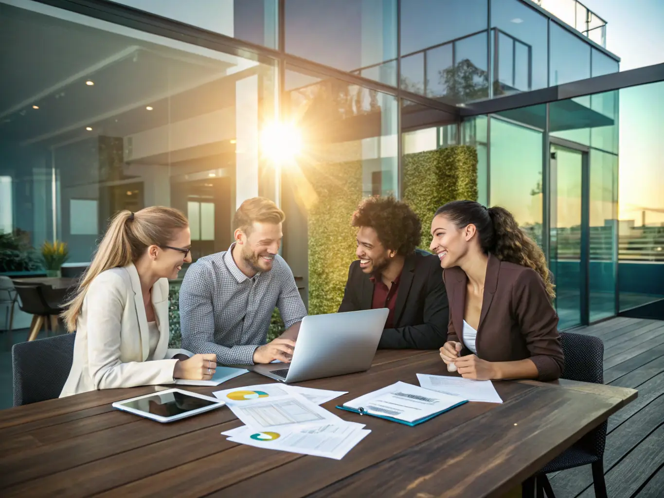A team of entrepreneurs discussing a strategy plan over a table with charts and laptops, representing business strategy and planning.