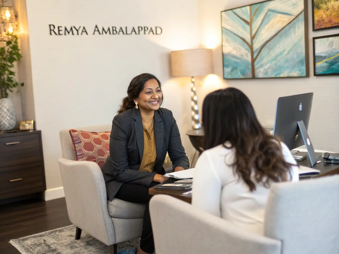 An image of a confident professional receiving guidance from a coach in a modern office setting, symbolizing career growth coaching.