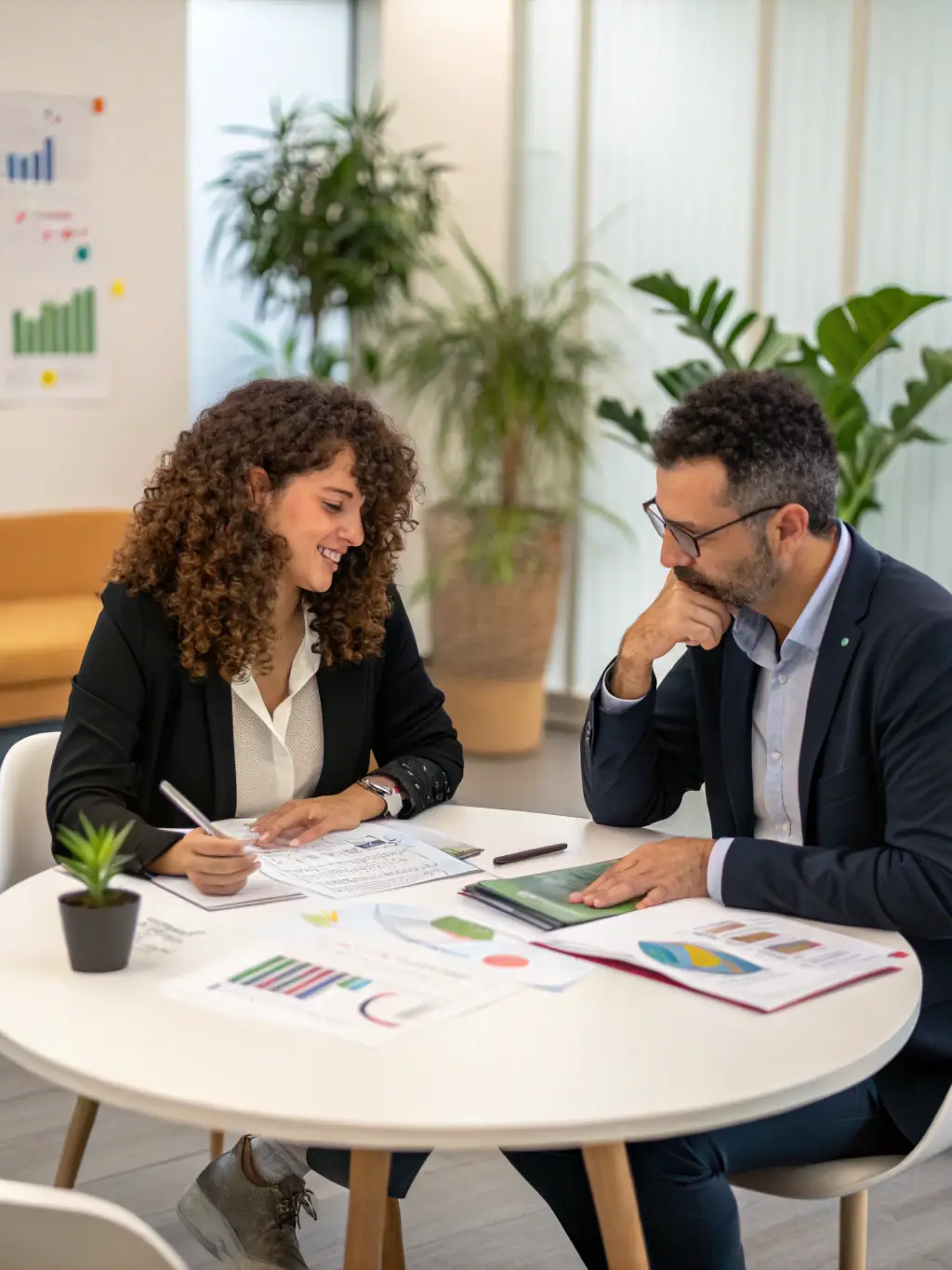 A professional Indian business coach in a modern office setting, guiding a young entrepreneur through a strategic planning session, with charts and graphs visible on a large screen.