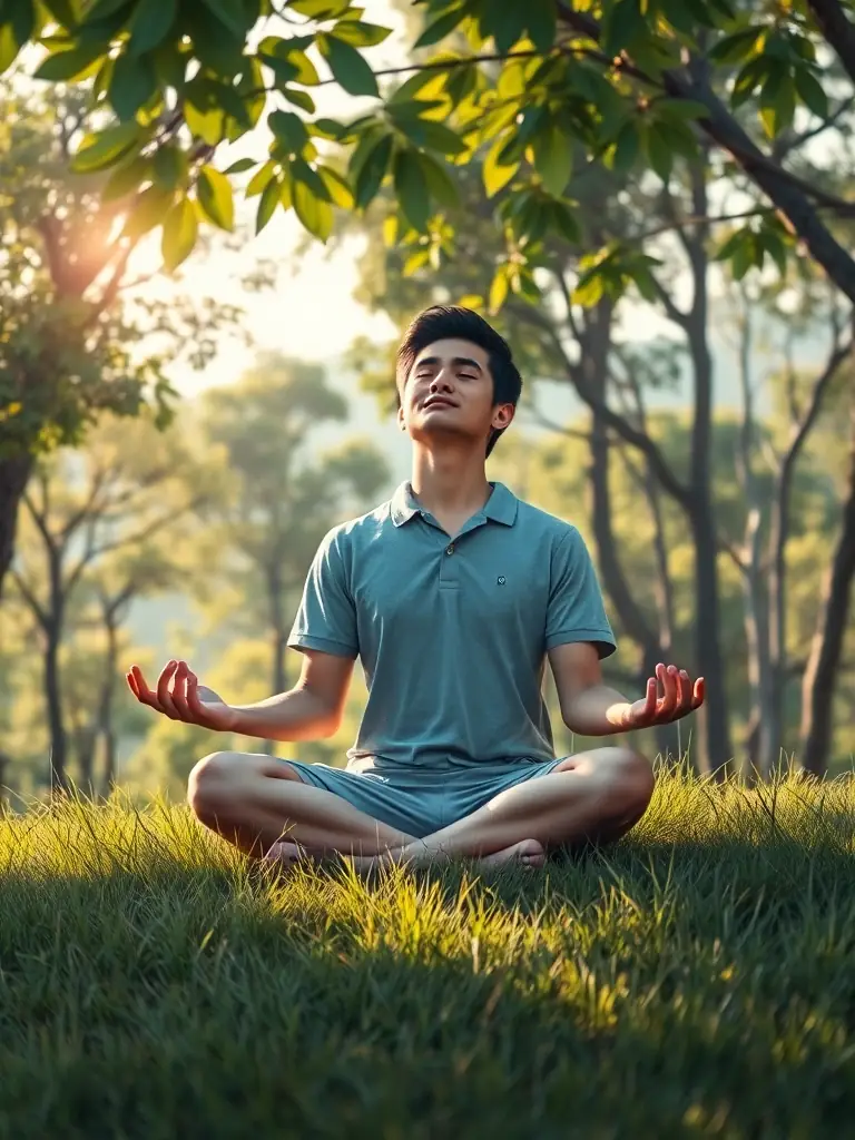 A serene individual meditating in a peaceful setting, representing mindset development and mental well-being for business success.