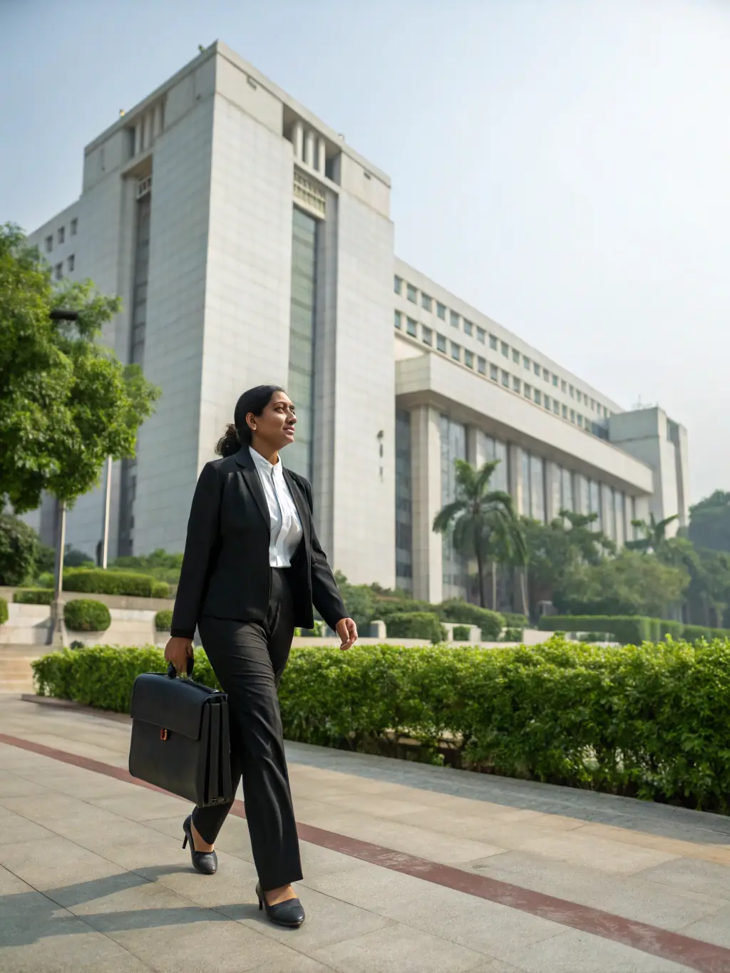 An Indian professional looking confident and empowered, standing in front of a cityscape, symbolizing career advancement and personal growth.